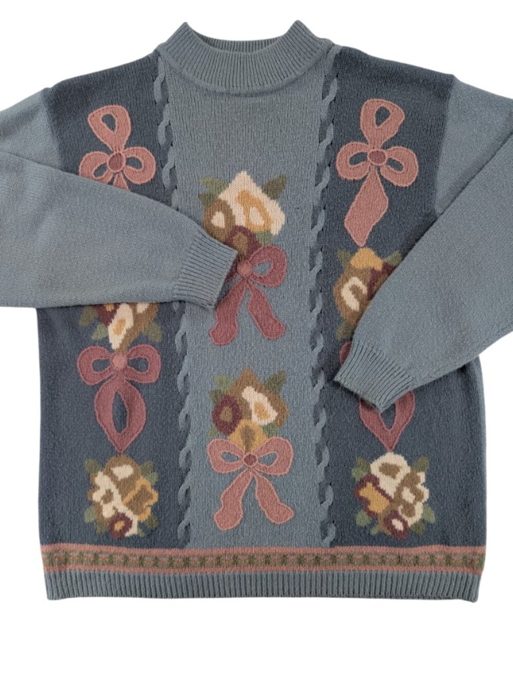 Vtg 80s Alfred Dunner Powder Blue Floral Bow Mock Neck Knit Sweater Plus 2X